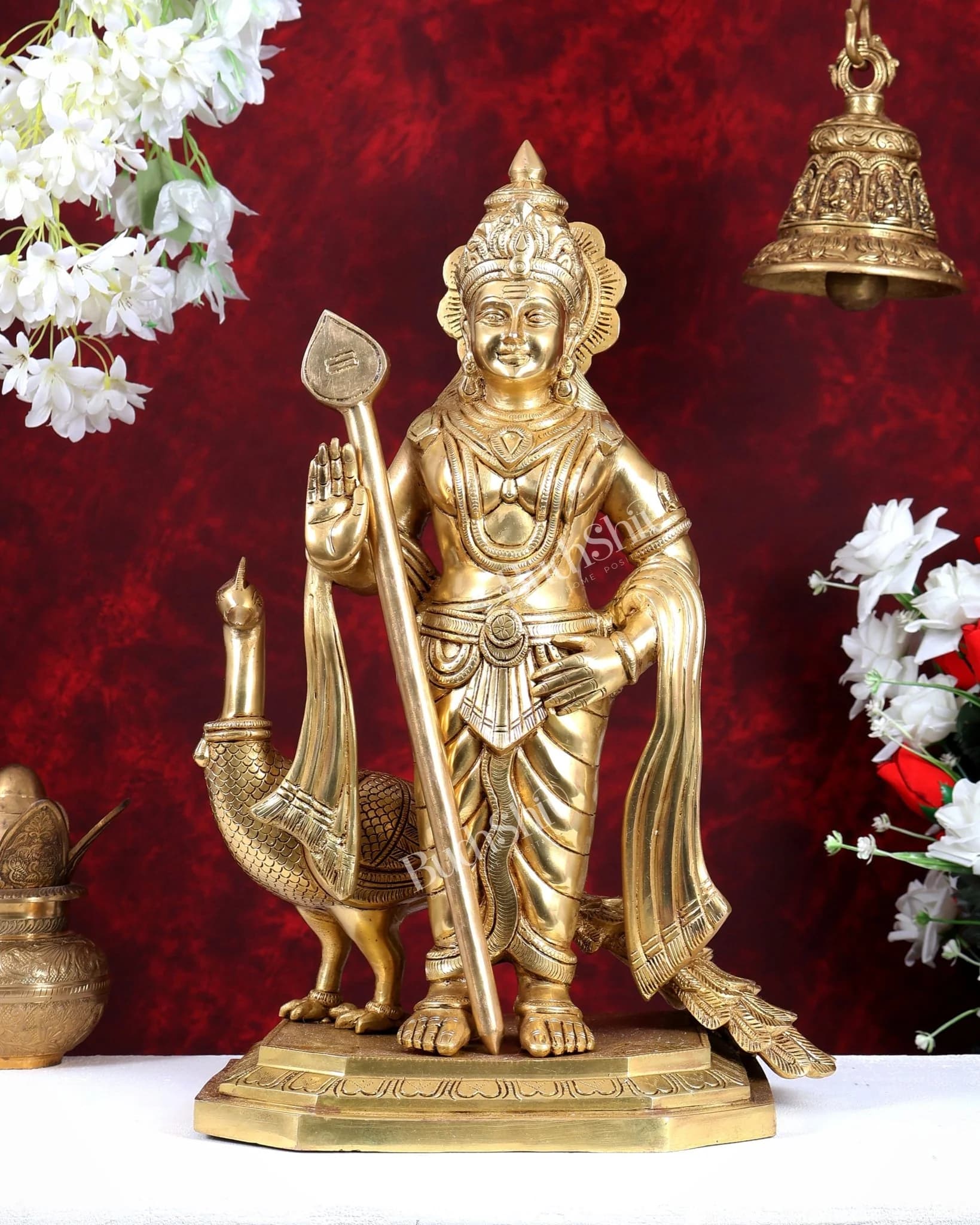 Large brass murugan swamy with peacock
